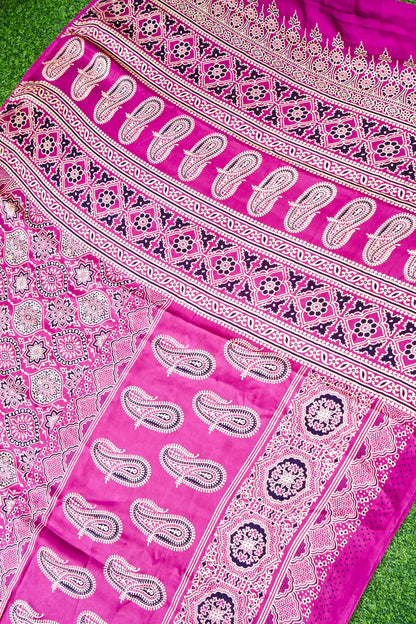 Modal Silk Ajrakh Hand Block Kalgha Saree in Hot Pink