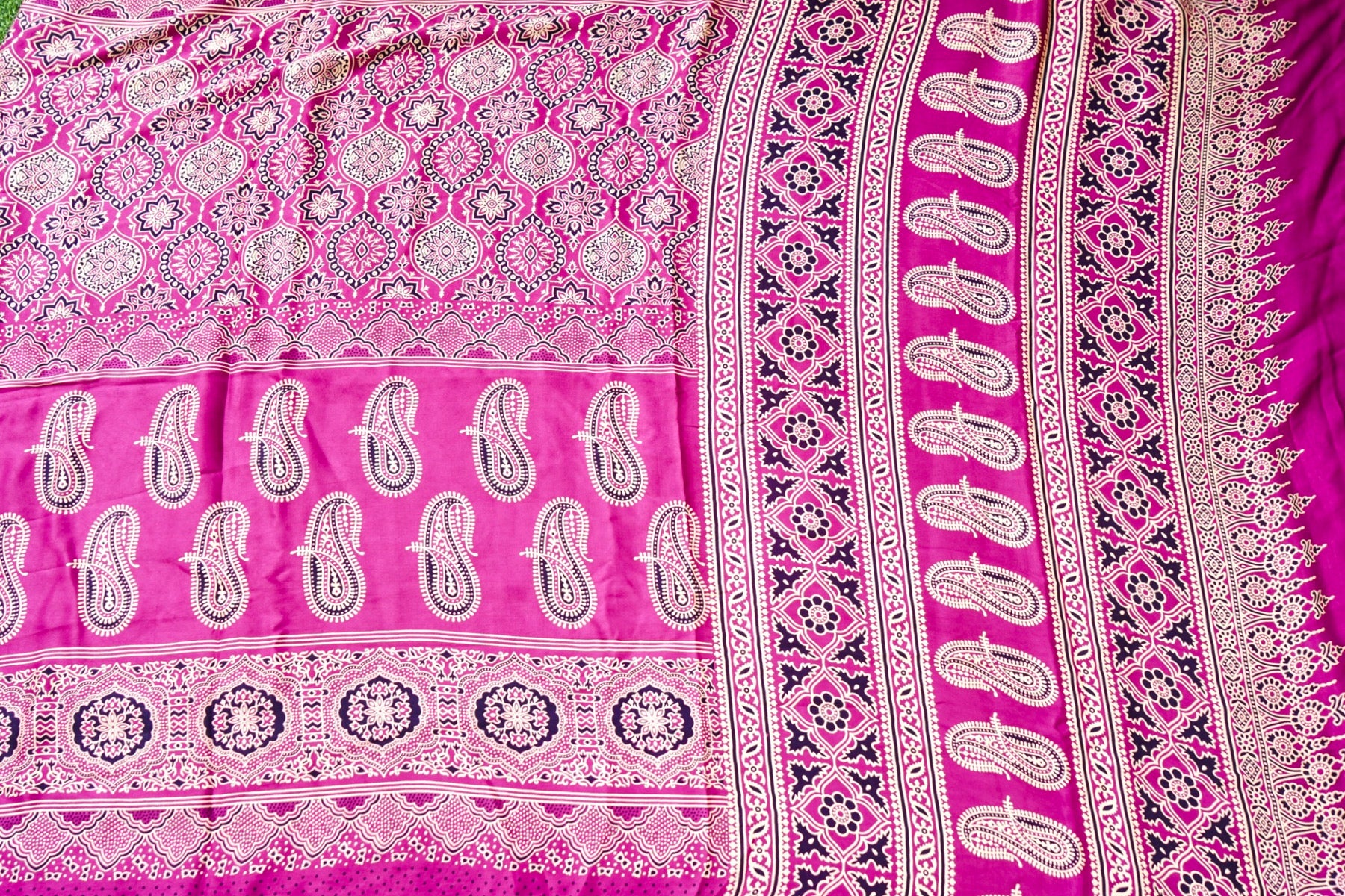 Modal Silk Ajrakh Hand Block Kalgha Saree in Hot Pink