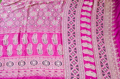 Modal Silk Ajrakh Hand Block Kalgha Saree in Hot Pink
