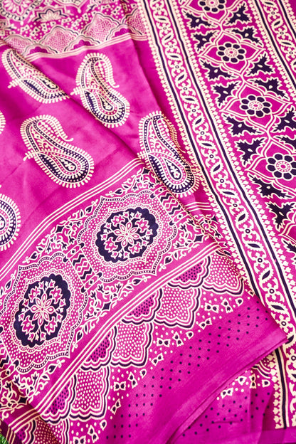 Modal Silk Ajrakh Hand Block Kalgha Saree in Hot Pink