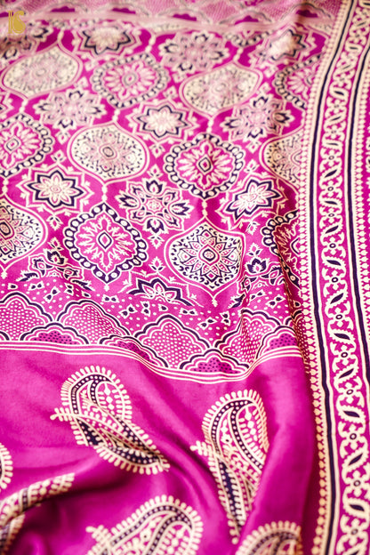 Modal Silk Ajrakh Hand Block Kalgha Saree in Hot Pink