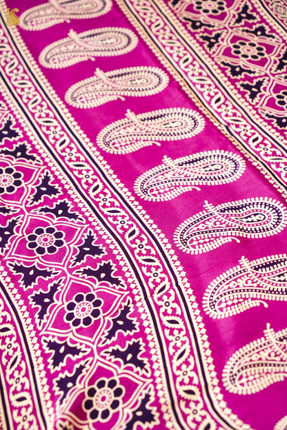Modal Silk Ajrakh Hand Block Kalgha Saree in Hot Pink