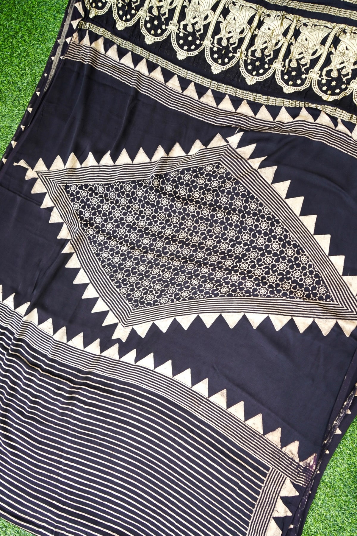 Modal Silk Ajrakh Hand Block Medallion Stripe Saree in Black