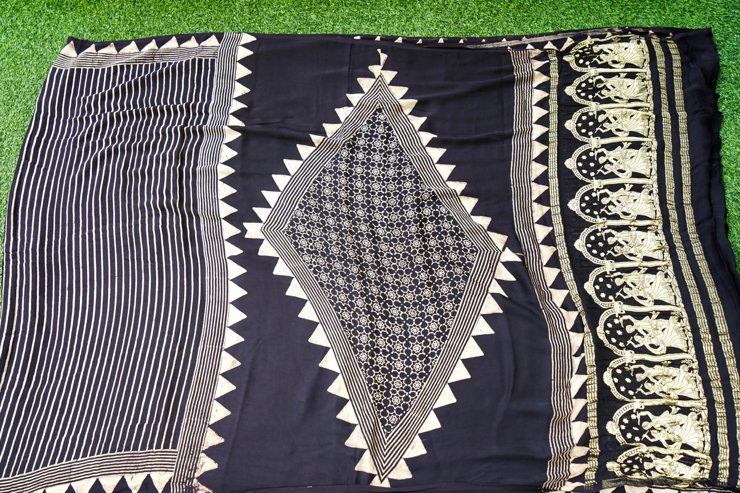 Modal Silk Ajrakh Hand Block Medallion Stripe Saree in Black