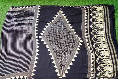 Modal Silk Ajrakh Hand Block Medallion Stripe Saree in Black