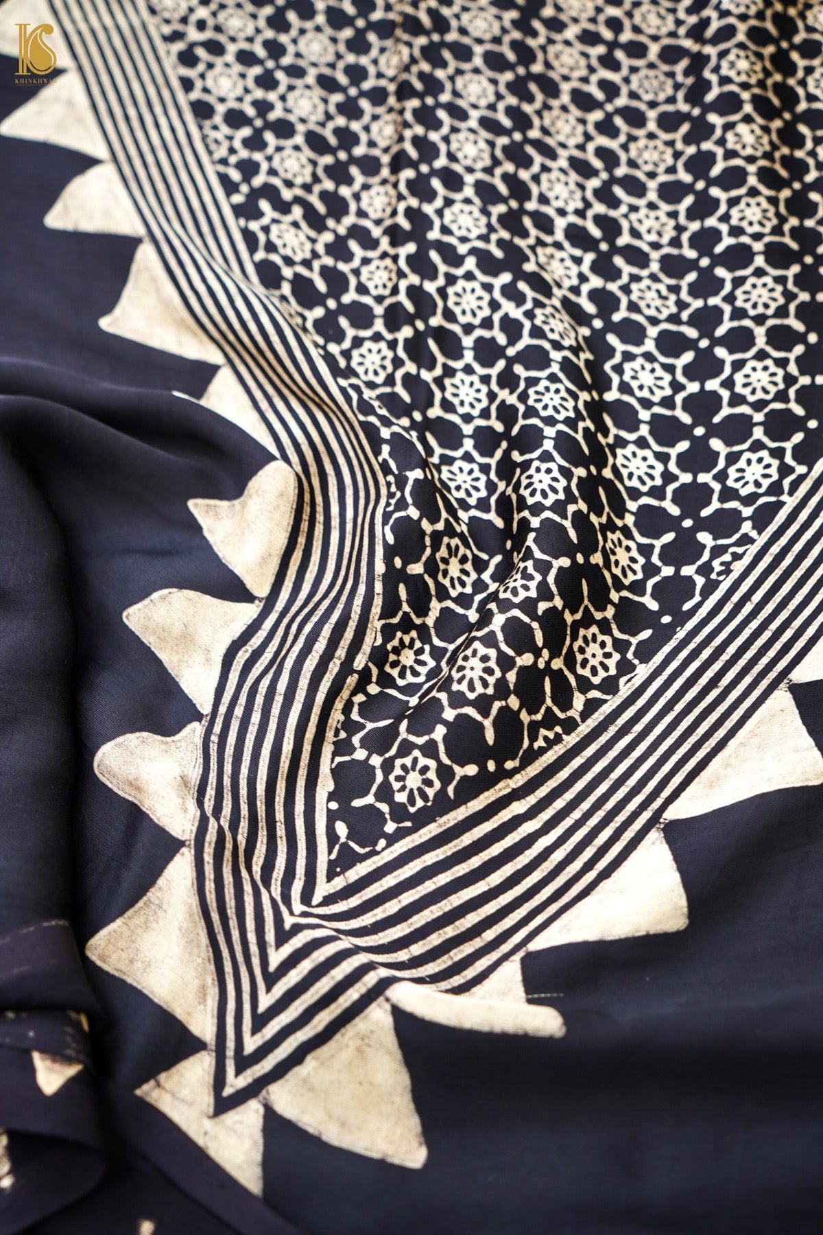 Modal Silk Ajrakh Hand Block Medallion Stripe Saree in Black