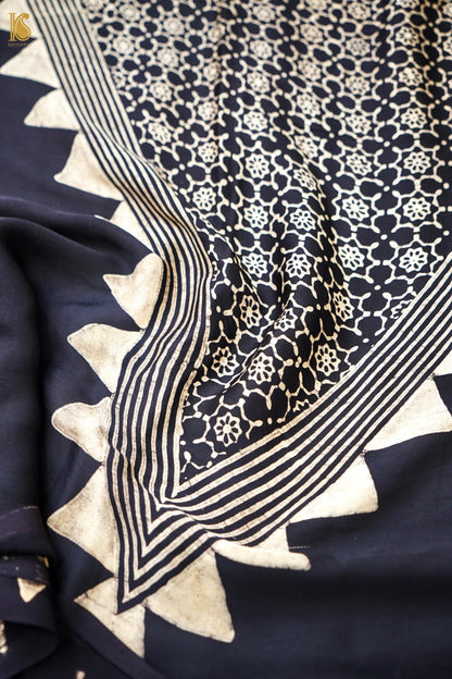 Modal Silk Ajrakh Hand Block Medallion Stripe Saree in Black