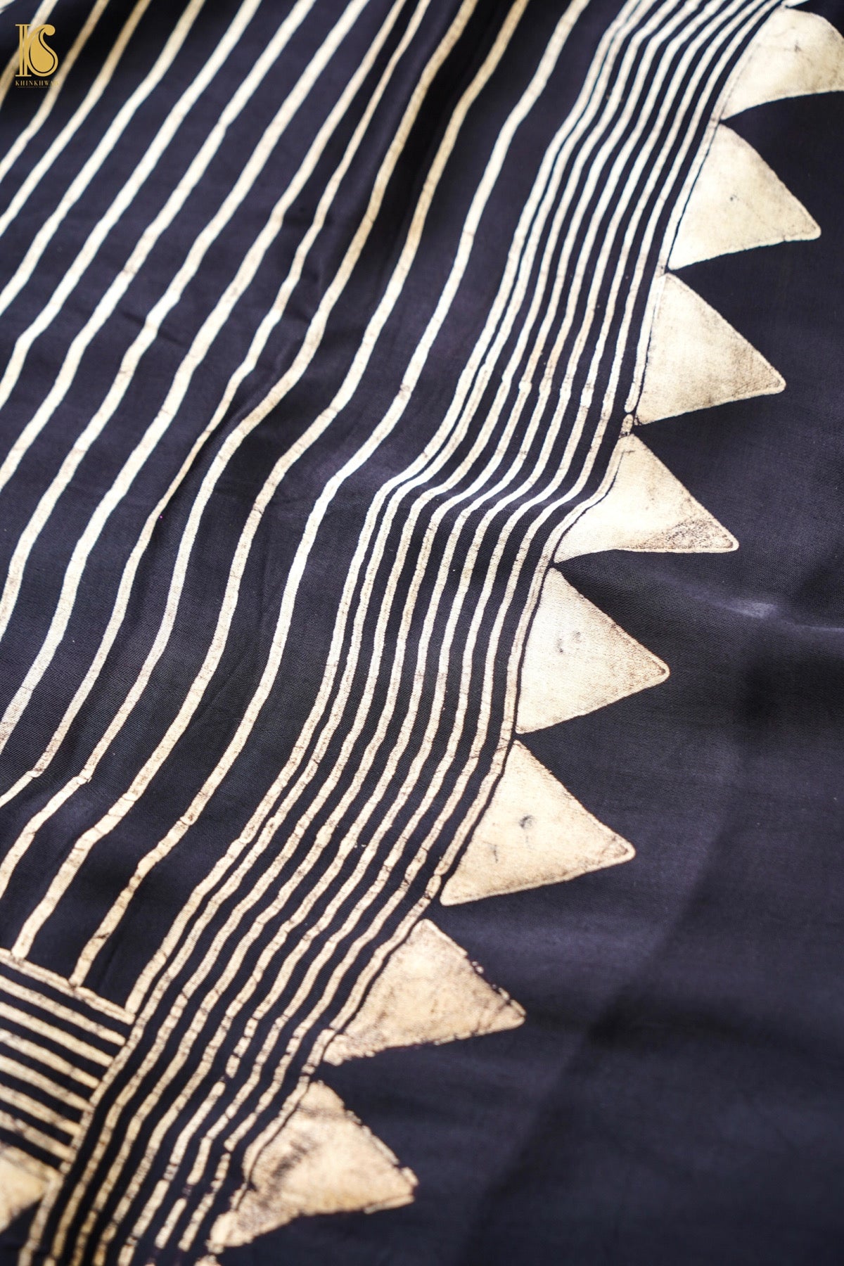 Modal Silk Ajrakh Hand Block Medallion Stripe Saree in Black