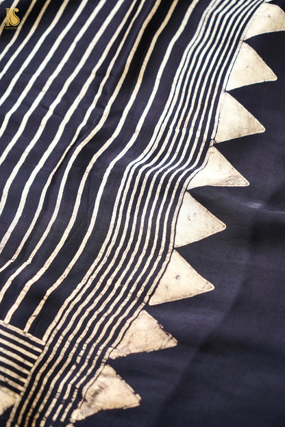 Modal Silk Ajrakh Hand Block Medallion Stripe Saree in Black