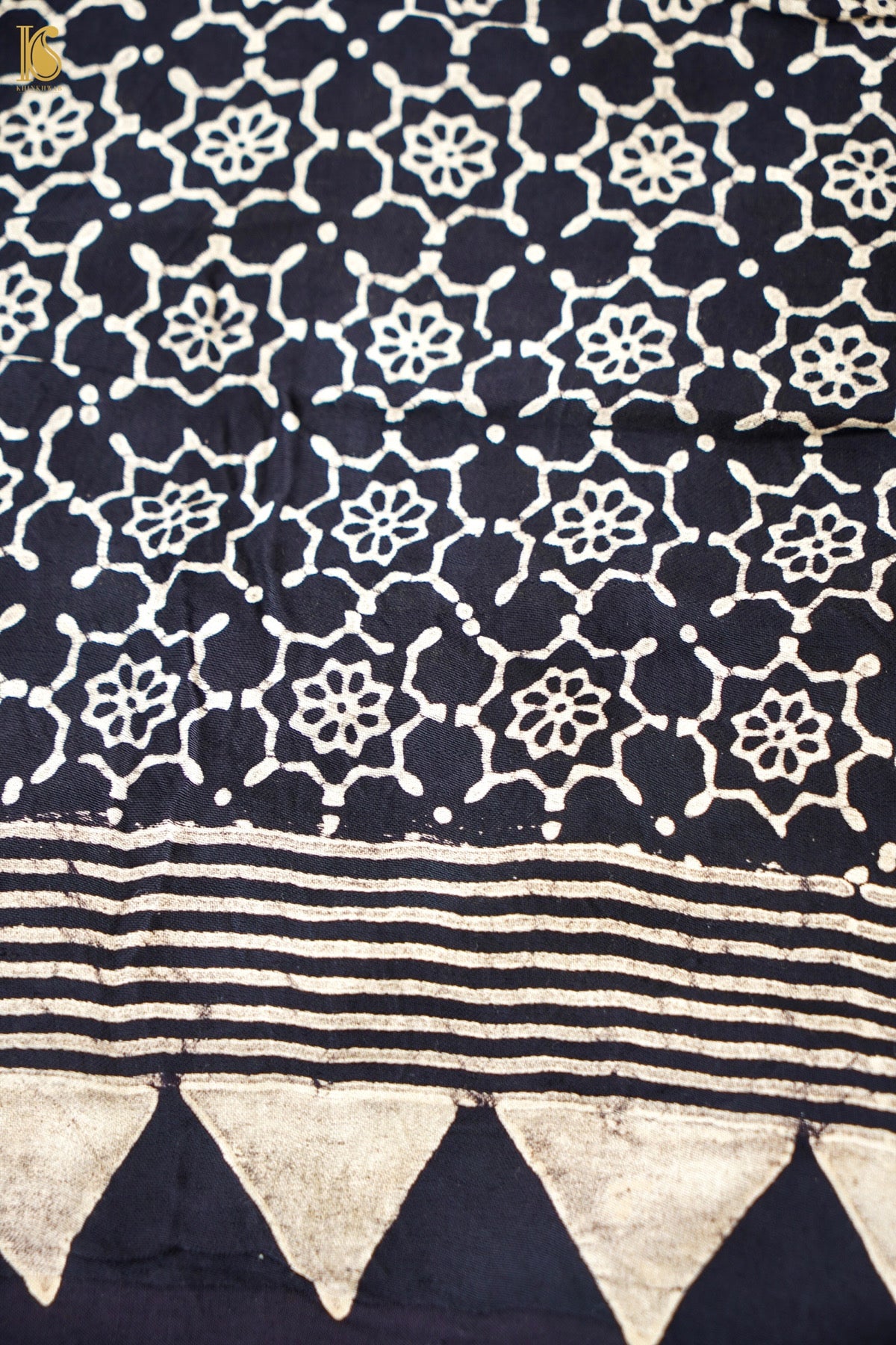 Modal Silk Ajrakh Hand Block Medallion Stripe Saree in Black