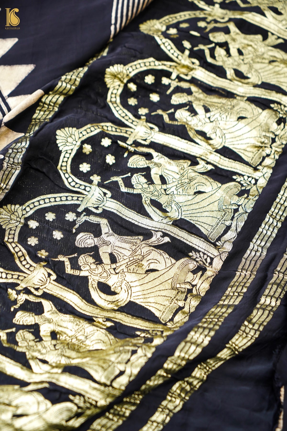 Modal Silk Ajrakh Hand Block Medallion Stripe Saree in Black