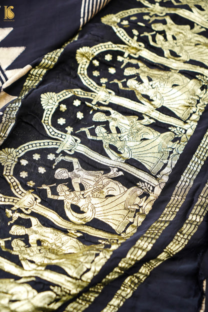 Modal Silk Ajrakh Hand Block Medallion Stripe Saree in Black