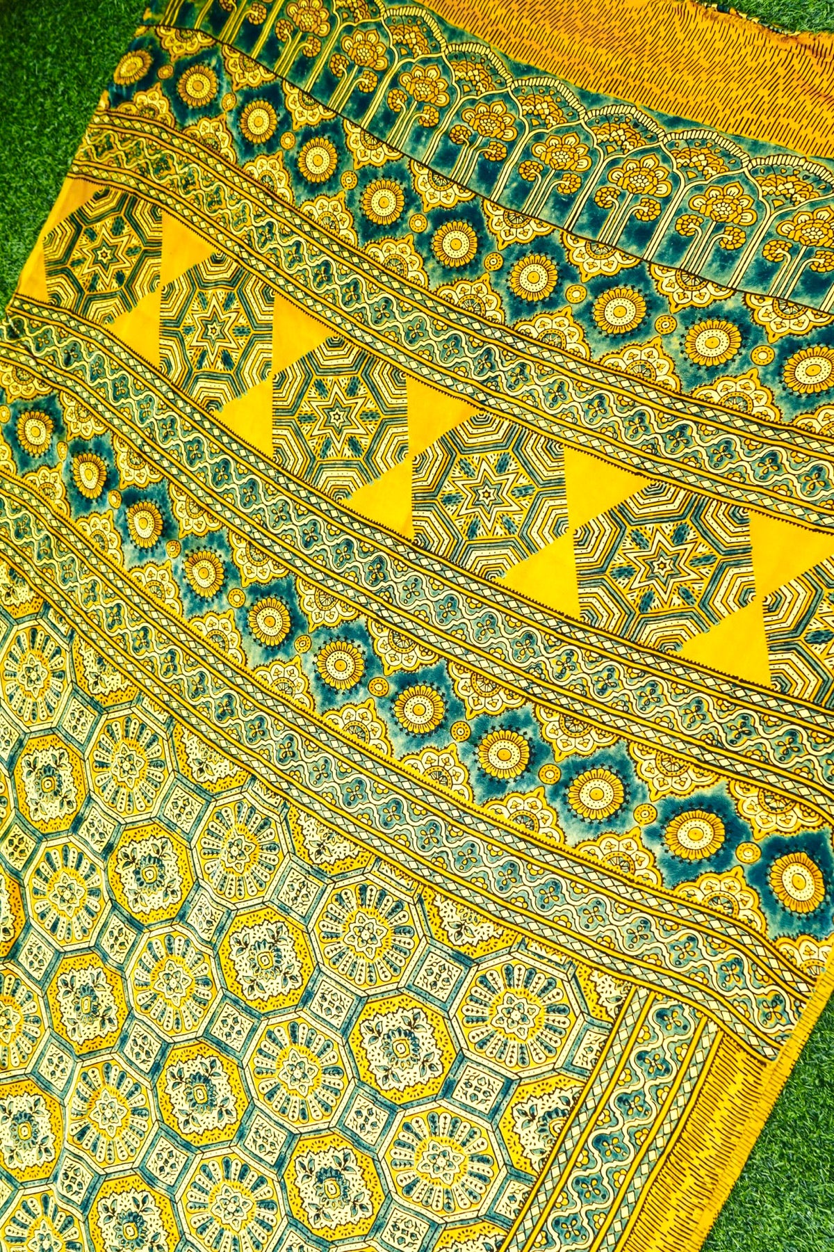 Modal Silk Ajrakh Hand Block Octagon Medallion Saree in Mustard Yellow