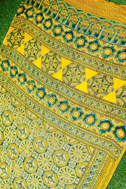 Modal Silk Ajrakh Hand Block Octagon Medallion Saree in Mustard Yellow