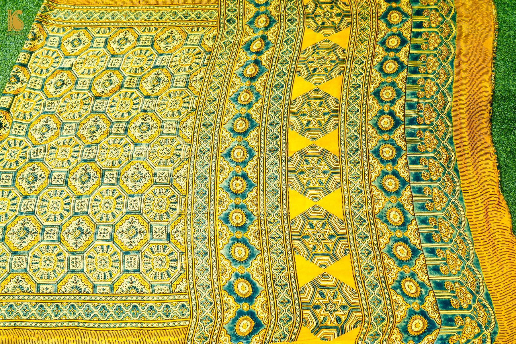 Modal Silk Ajrakh Hand Block Octagon Medallion Saree in Mustard Yellow