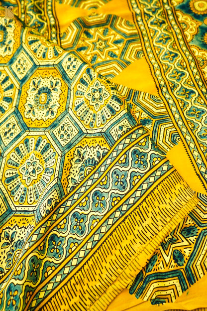 Modal Silk Ajrakh Hand Block Octagon Medallion Saree in Mustard Yellow