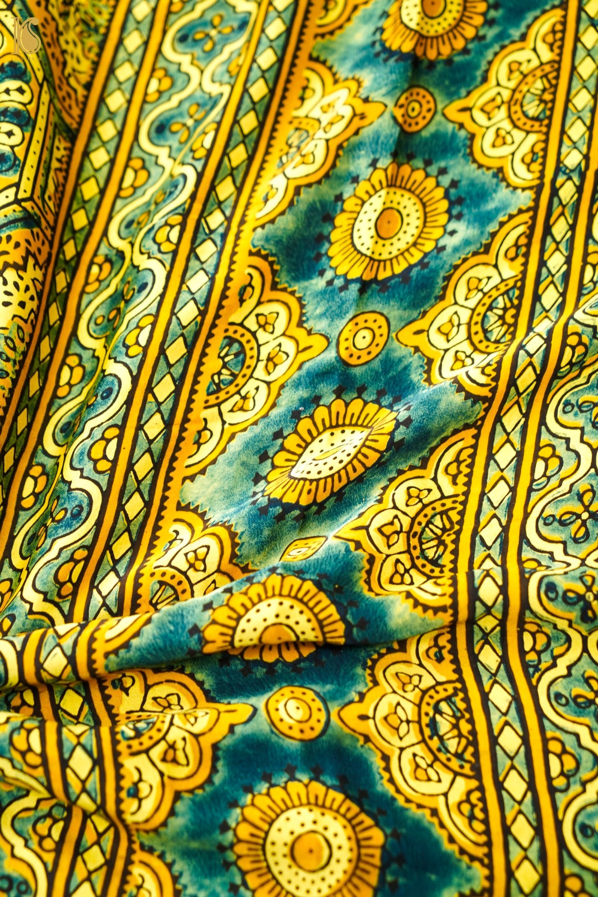 Modal Silk Ajrakh Hand Block Octagon Medallion Saree in Mustard Yellow