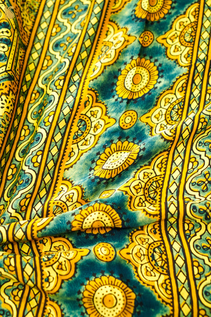Modal Silk Ajrakh Hand Block Octagon Medallion Saree in Mustard Yellow