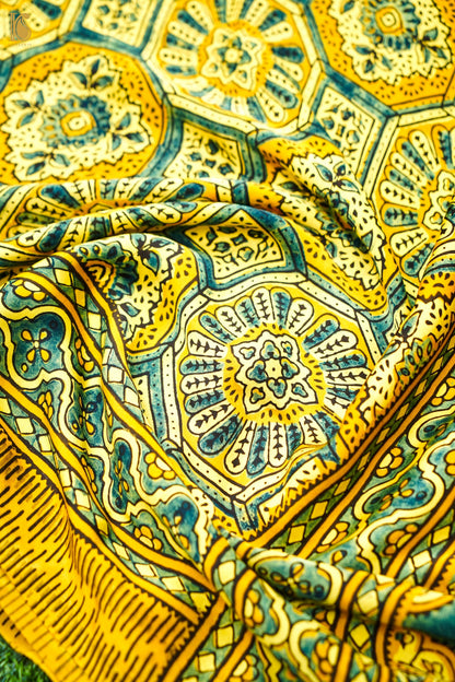 Modal Silk Ajrakh Hand Block Octagon Medallion Saree in Mustard Yellow