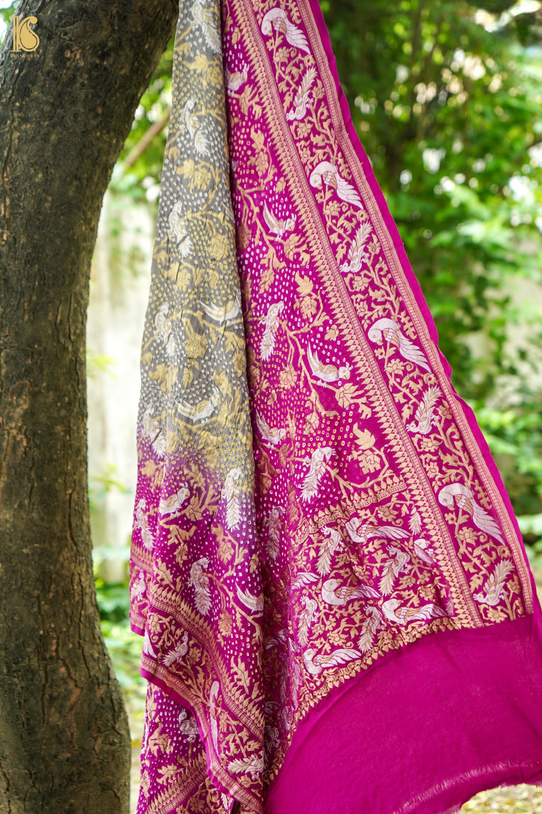 Banarasi Georgette Bandhani Dupatta in Grey and Magenta - Birds of Paradise