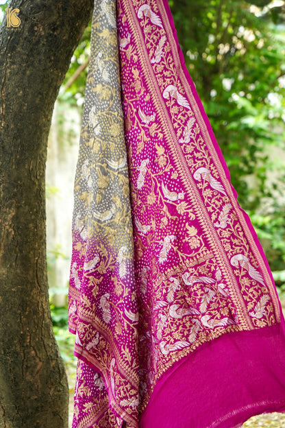 Banarasi Georgette Bandhani Dupatta in Grey and Magenta - Birds of Paradise