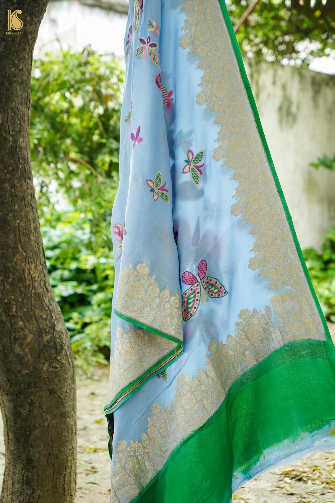 Banarasi Georgette Meenakari Butterfly Dupatta in Powder Blue - Palchhin