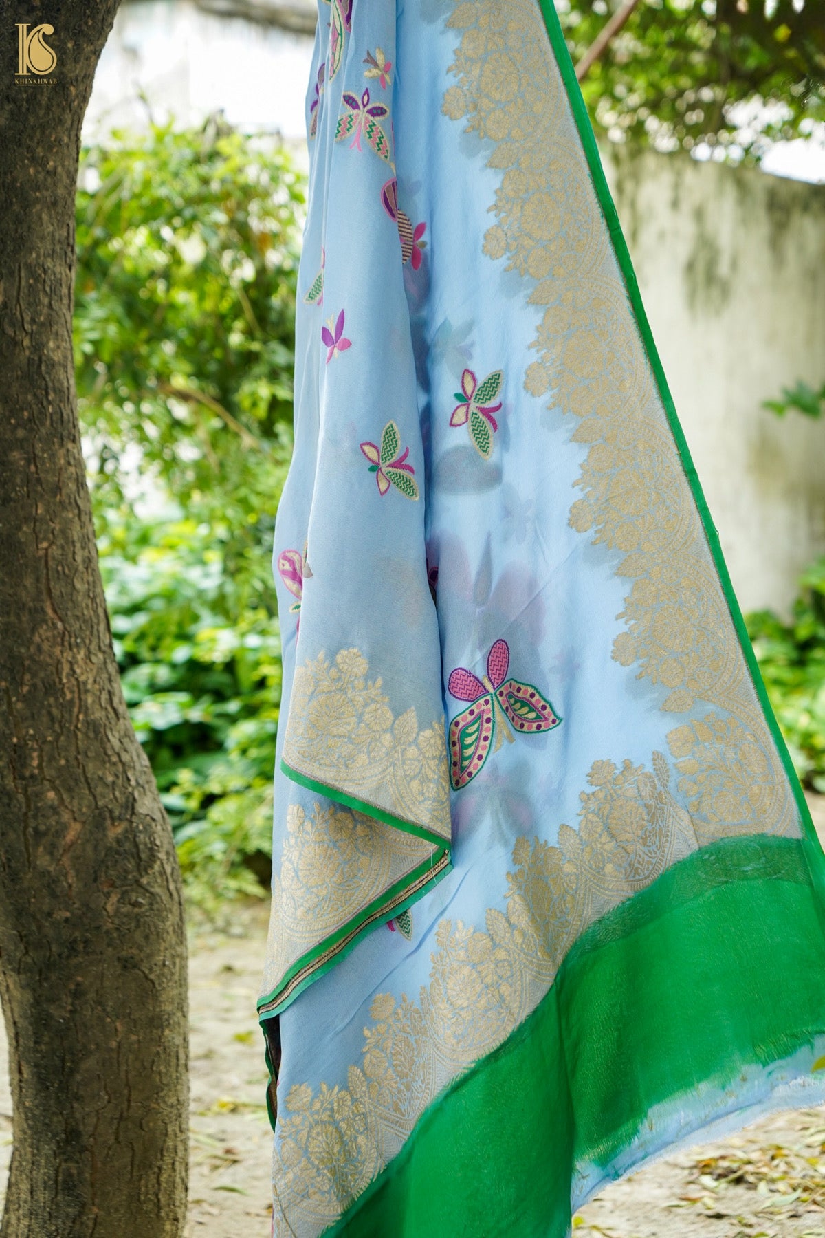 Banarasi Georgette Meenakari Butterfly Dupatta in Powder Blue - Palchhin