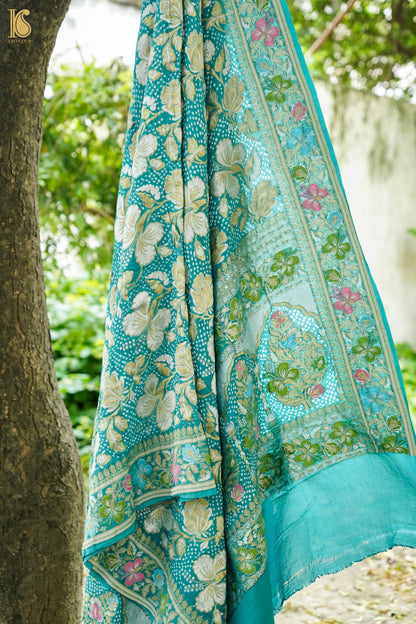 Banarasi Georgette Bandhani Dahlia Dupatta in Turquoise Blue