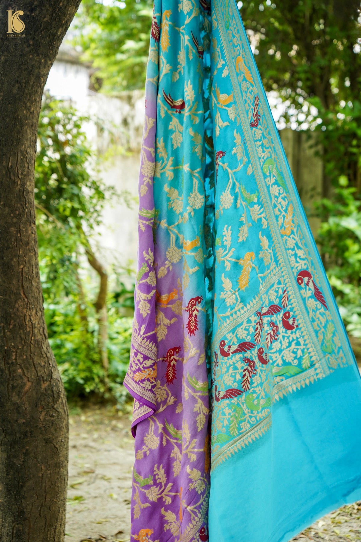 Banarasi Georgette Meenakari Dupatta in Firozi and Lavender - Birds of Paradise