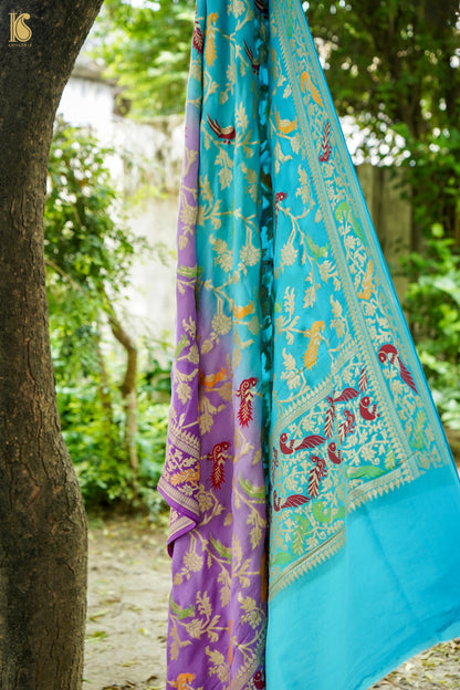 Banarasi Georgette Meenakari Dupatta in Firozi and Lavender - Birds of Paradise