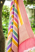 A close-up of a draped multicolored striped fabric, likely a saree, hanging outdoors next to a tree trunk with a blurred garden background.