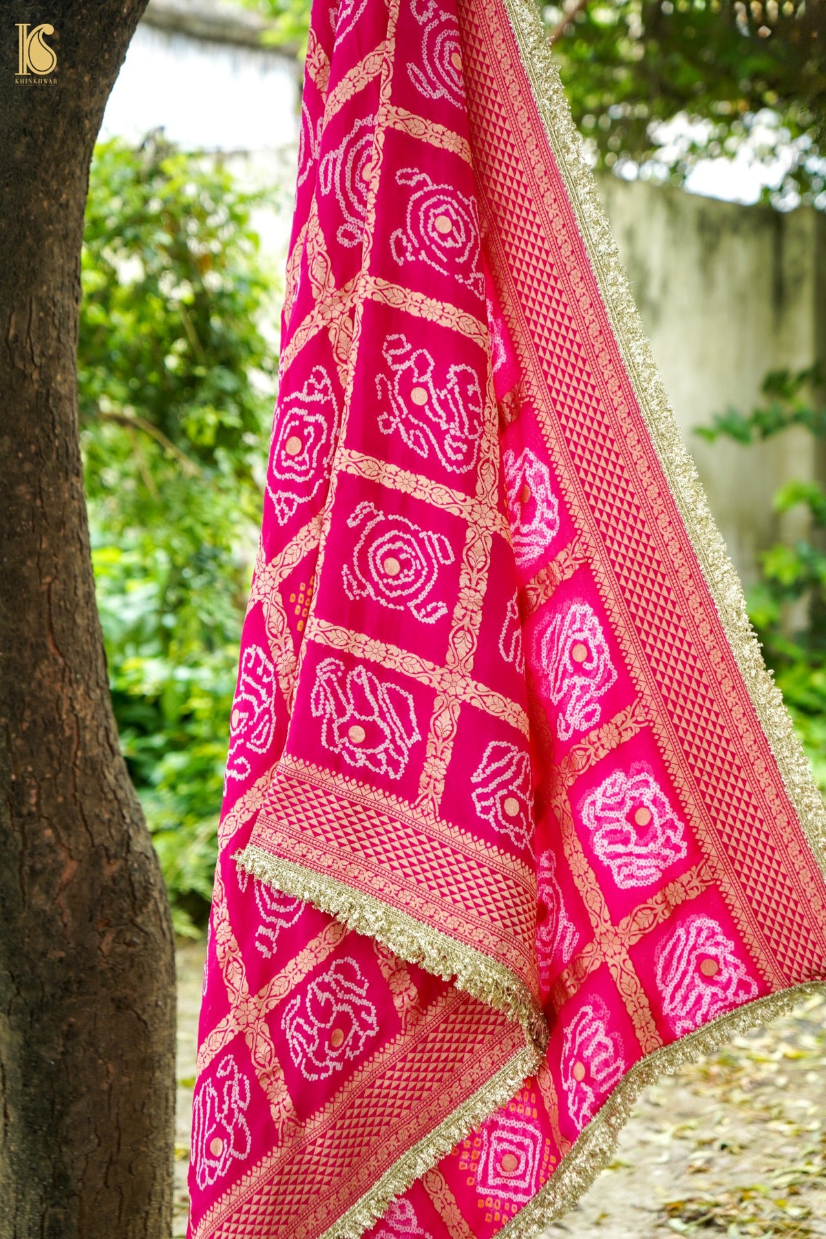 Banarasi Georgette Bandhani Gharchola Dupatta in Rani Pink