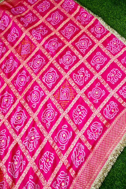 Banarasi Georgette Bandhani Gharchola Dupatta in Rani Pink