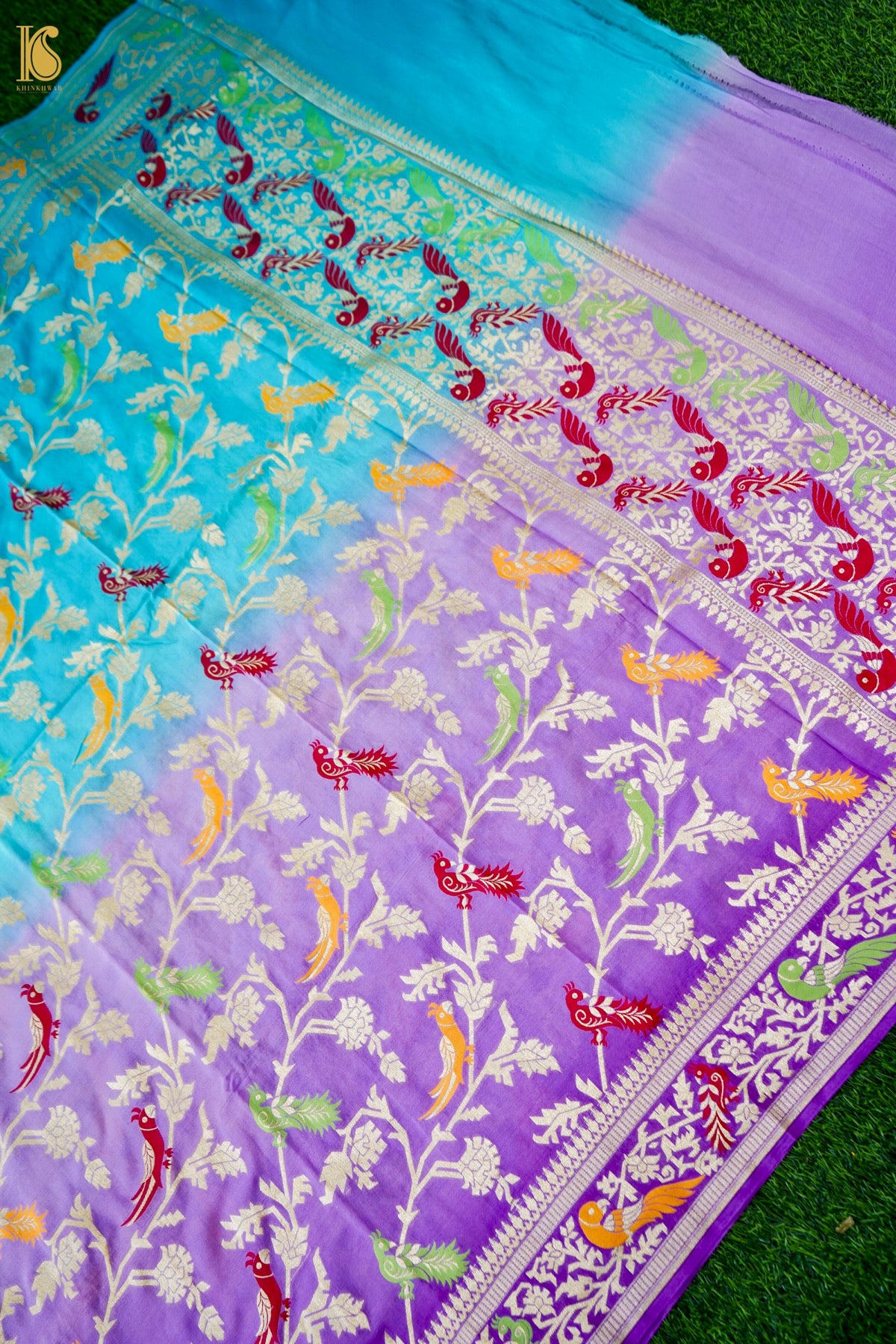 Banarasi Georgette Meenakari Dupatta in Firozi and Lavender - Birds of Paradise
