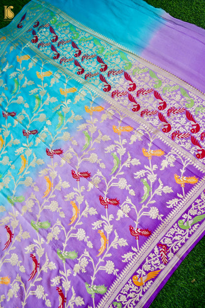 Banarasi Georgette Meenakari Dupatta in Firozi and Lavender - Birds of Paradise