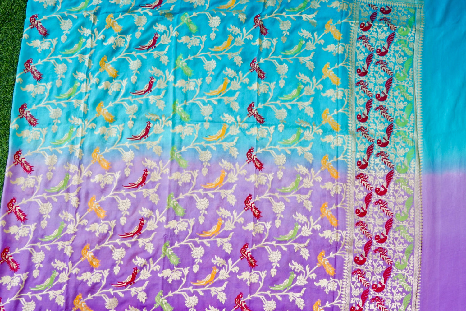 Banarasi Georgette Meenakari Dupatta in Firozi and Lavender - Birds of Paradise