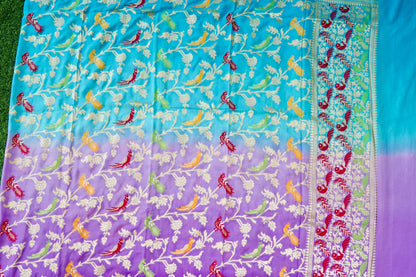 Banarasi Georgette Meenakari Dupatta in Firozi and Lavender - Birds of Paradise