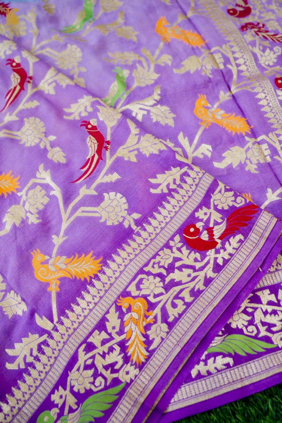 Banarasi Georgette Meenakari Dupatta in Firozi and Lavender - Birds of Paradise