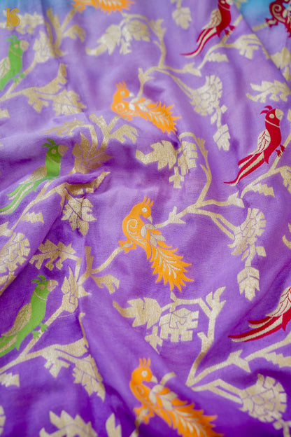 Banarasi Georgette Meenakari Dupatta in Firozi and Lavender - Birds of Paradise
