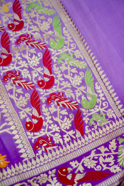 Banarasi Georgette Meenakari Dupatta in Firozi and Lavender - Birds of Paradise