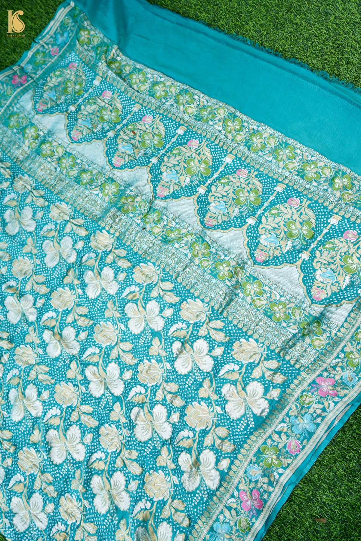Banarasi Georgette Bandhani Dahlia Dupatta in Turquoise Blue
