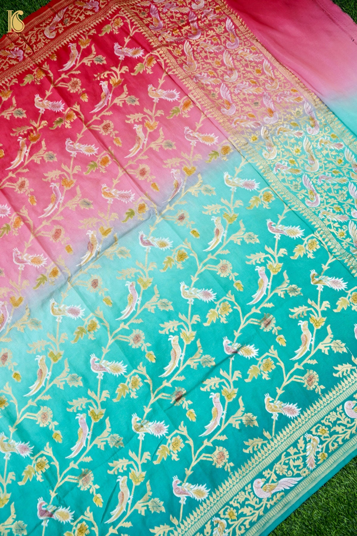 Banarasi Georgette Meenakari Dupatta in Teal and Coral - Birds of Paradise
