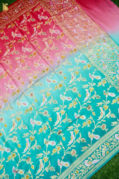 Banarasi Georgette Meenakari Dupatta in Teal and Coral - Birds of Paradise
