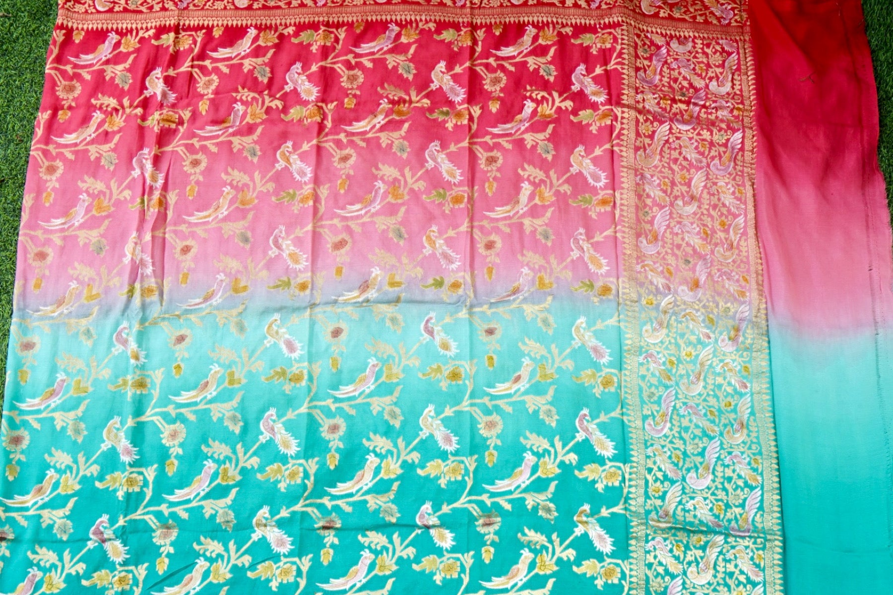 Banarasi Georgette Meenakari Dupatta in Teal and Coral - Birds of Paradise