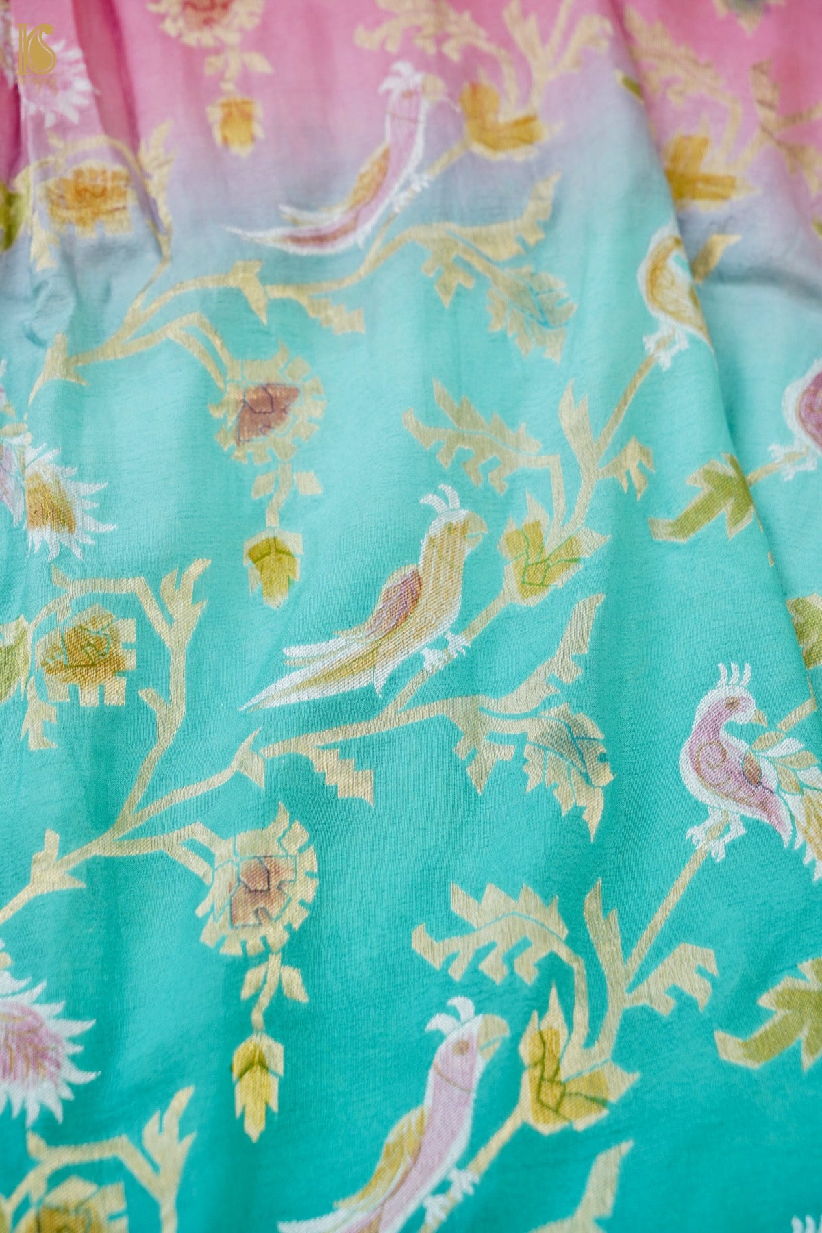 Banarasi Georgette Meenakari Dupatta in Teal and Coral - Birds of Paradise