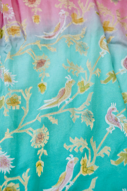 Banarasi Georgette Meenakari Dupatta in Teal and Coral - Birds of Paradise
