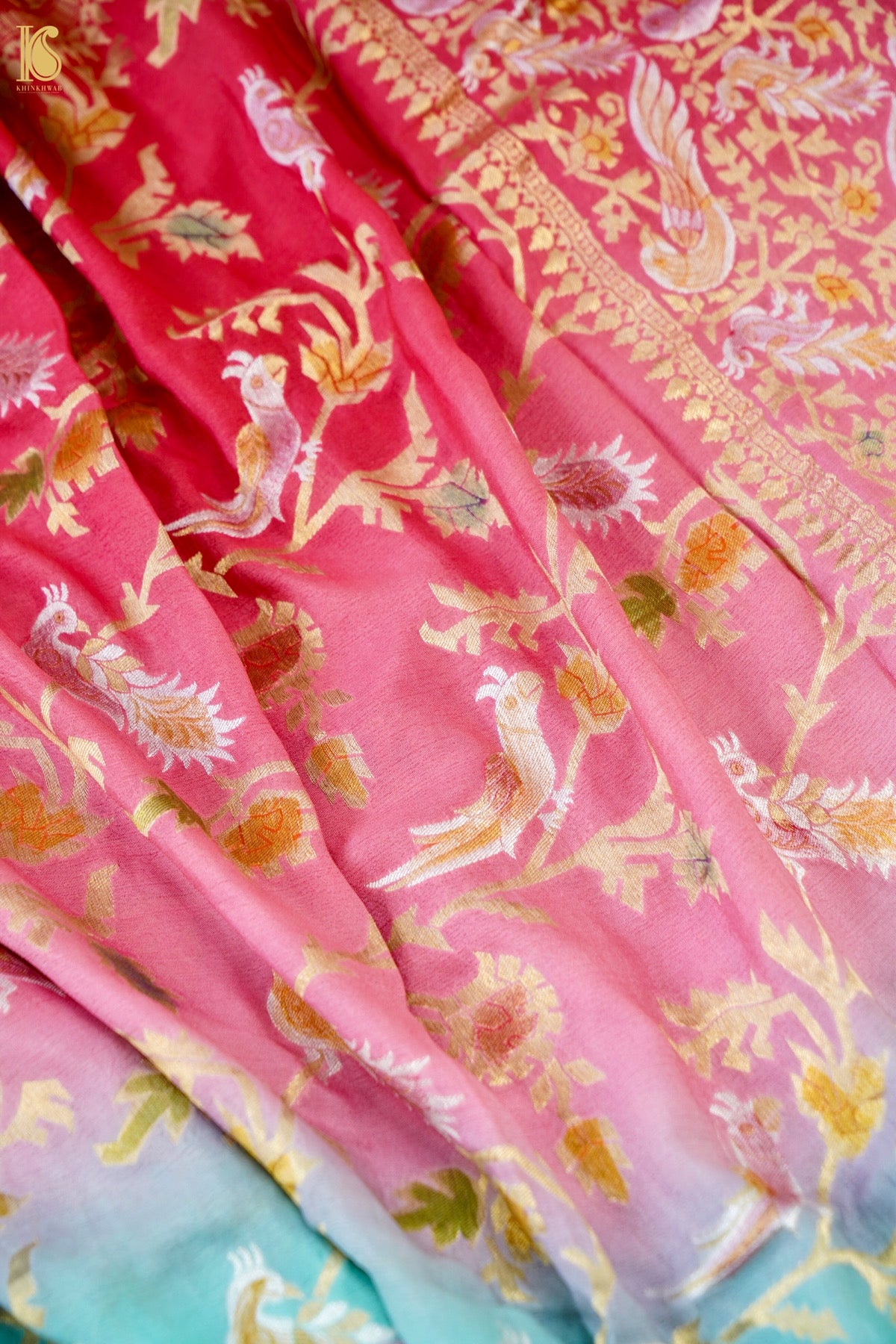 Banarasi Georgette Meenakari Dupatta in Teal and Coral - Birds of Paradise
