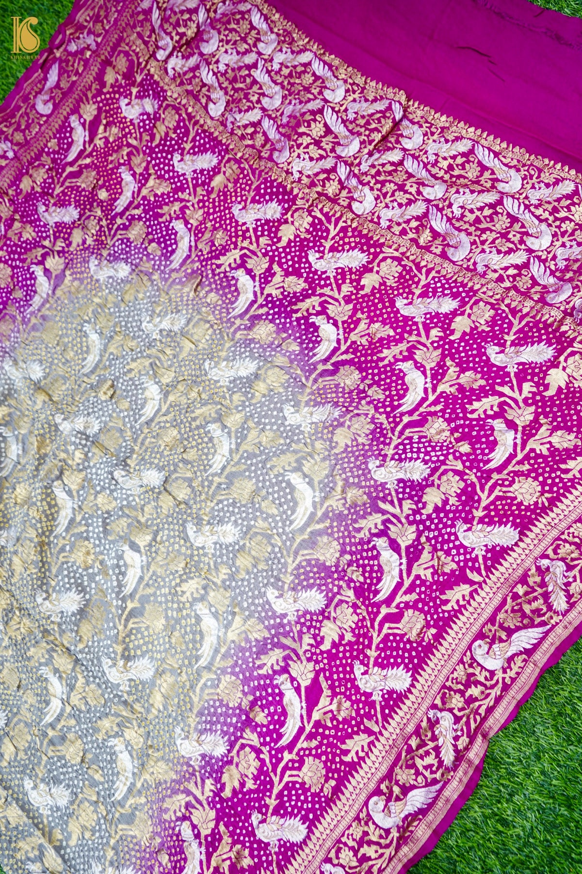 Banarasi Georgette Bandhani Dupatta in Grey and Magenta - Birds of Paradise