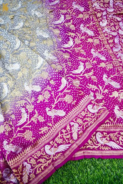 Banarasi Georgette Bandhani Dupatta in Grey and Magenta - Birds of Paradise