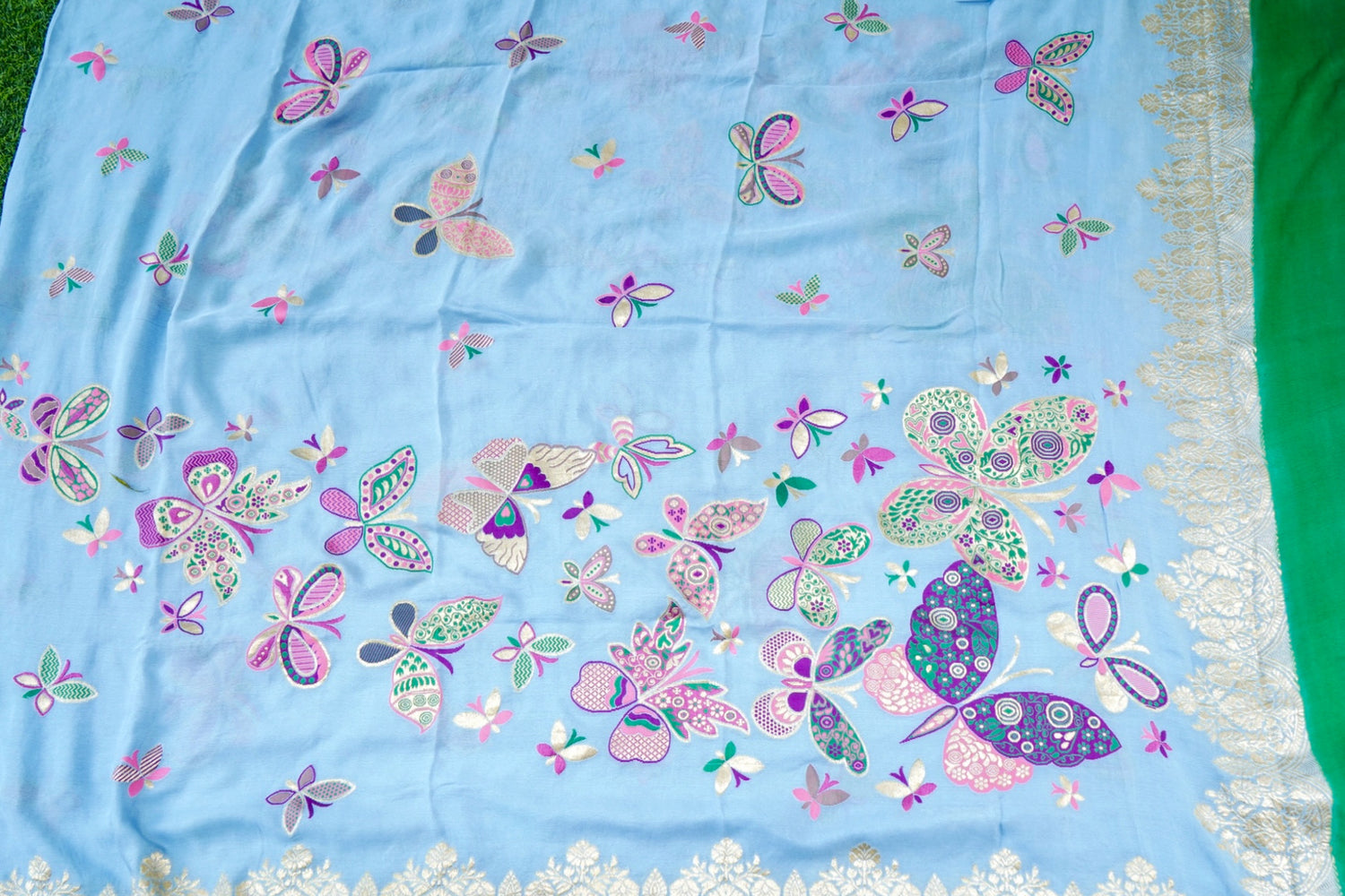 Banarasi Georgette Meenakari Butterfly Dupatta in Powder Blue - Palchhin
